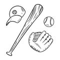 Baseball, Baseball Bat, Hat And Catchig Glove Doodles. Hand Drawn Sketch Image Set