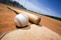 Baseball and Bat on Home Plate Royalty Free Stock Photo