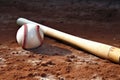 baseball and bat on home plate, no people Royalty Free Stock Photo