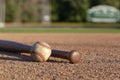 Baseball and bat low angle view on a baseball field Royalty Free Stock Photo