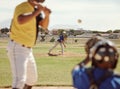 Baseball, bat and man ready for a fast ball on a baseball field in a training match or game outdoors in Houston