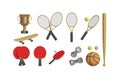 Baseball bat, rackets and tennis ball, dumbbells, goblet, skateboard.Realistic in the style of a children's cartoon.