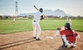 Baseball batter, game or sports man on field at competition, training match on a stadium pitch. Softball exercise Royalty Free Stock Photo