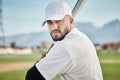 Baseball batter, portrait or face of man in a game competition, training match on stadium pitch. Softball exercise