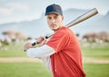 Baseball batter, portrait or sports man on field at competition, training match on a stadium pitch. Softball exercise Royalty Free Stock Photo