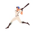 Baseball batter swinging with bat, hitting. Happy athlete hitter in helmet, uniform playing base ball. Professional