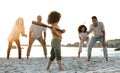 Baseball, big family and girl play at beach, having fun and enjoying holiday together. Care, sunset and mother