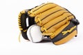 Baseball black and yellow gloves with ball isolated on white background. Royalty Free Stock Photo