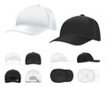 Baseball cap. Black and white blank sports uniform headwear in side, front and back view template. Isolated vector hat mockups Royalty Free Stock Photo