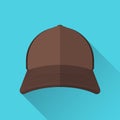 Baseball cap brown with mesh. Front view. On a blue background. Flat style. With a shadow. Old school.