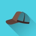 Baseball cap brown with mesh. Side view. On a blue background. Flat style. With a shadow. Old school. Royalty Free Stock Photo