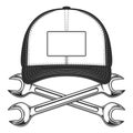 Baseball cap with business construction wrench or repair mechanic spanner tool monochrome style vector illustration isolated on