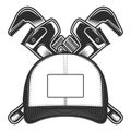 Baseball cap with business repair mechanic spanner or construction wrench tool monochrome style vector illustration isolated on