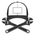 Baseball cap with construction adjustable wrench or business repair mechanic spanner tool monochrome style vector illustration