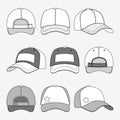 Baseball cap front back and side view outline vector template