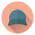 Baseball cap, front view. On round orange background with shadow. Flat style, icon. Royalty Free Stock Photo