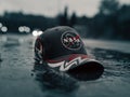 a baseball cap sitting in a pond in the rain with city lights