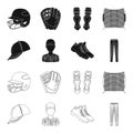 Baseball cap, player and other accessories. Baseball set collection icons in black,outline style vector symbol stock Royalty Free Stock Photo