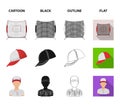 Baseball cap, player and other accessories. Baseball set collection icons in cartoon,black,outline,flat style vector Royalty Free Stock Photo