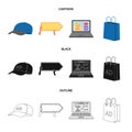 Baseball cap, pointer in hands, laptop, shopping bag.Advertising,set collection icons in cartoon,black,outline style Royalty Free Stock Photo