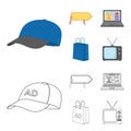 Baseball cap, pointer in hands, laptop, shopping bag.Advertising,set collection icons in cartoon,outline style vector Royalty Free Stock Photo