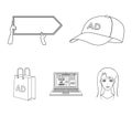 Baseball cap, pointer in hands, laptop, shopping bag.Advertising,set collection icons in outline style vector symbol Royalty Free Stock Photo