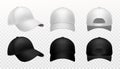 Baseball cap. Realistic black and white hat mockup, front side and back view sports headwear branding template Royalty Free Stock Photo
