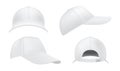 Baseball cap realistic mockups set. Front, side, three quater, back view. Sport hat empty templates.