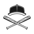 Baseball cap and two crossed wooden bats vector monochrome style illustration on graphic objects isolated on white