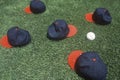 Baseball caps and ball on field, Candlestick Park, San Francisco, CA Royalty Free Stock Photo