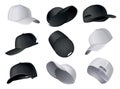 Baseball caps. Realistic baseball cap template front, side, back views. Empty mockup sport hats. Black and white blank Royalty Free Stock Photo