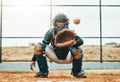 Baseball, catch and sports at the pitch for game, point or score with the ball on a field in the outdoors. Black man Royalty Free Stock Photo