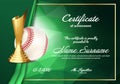 Baseball Certificate Diploma With Golden Cup Vector. Sport Vintage Appreciation. Modern Gift. Print Blank. A4 Horizontal