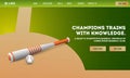 Baseball Champions Trains with Knowledge Game App or Responsive Template Design with Realistic Baseball, Bat on Field