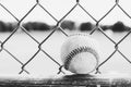 Baseball close up with fence in background