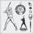Baseball club emblems, labels and design elements. Baseball player, balls, helmets and bats. Baseball player, ball, helmet, glove Royalty Free Stock Photo
