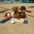 Baseball dachshund weiner dogs sitting on home plate
