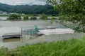 Baseball diamond submerged in flooded river