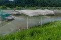 Baseball diamond under water of flooded river