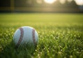A baseball with distinctive red stitching rests on a lush, dewy grass Royalty Free Stock Photo