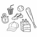 Baseball doodle set. Special equipment, player\'s clothing, field, ball, mitt. Hand drawn vector illustration Royalty Free Stock Photo