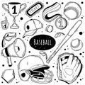 Baseball doodle set. Special equipment, player's clothing, field, ball, mitt. Hand drawn vector illustration Royalty Free Stock Photo