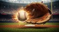 Baseball dramatically collides with a leather glove, generating sparks around. Set in the Royalty Free Stock Photo