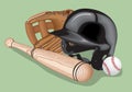 Baseball equipment: a bat, ball and helmet. Vector realistic illustration. Royalty Free Stock Photo