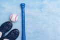 Baseball equipment on blue wooden background. Online workout concept