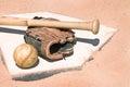 Baseball equipment on home plate Royalty Free Stock Photo