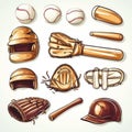 Baseball Equipment Illustration, Bats, Balls, Gloves, and Helmets Royalty Free Stock Photo