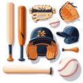 Baseball Equipment Illustration, Bats, Gloves, Balls, and Helmets Royalty Free Stock Photo