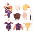 Baseball equipment set. Protective striped bib and gold winners cup character in special sports uniform prepares throw