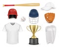 Baseball equipment set, vector isolated illustration. Realistic baseball player uniform, catcher gear and winner cup. Royalty Free Stock Photo